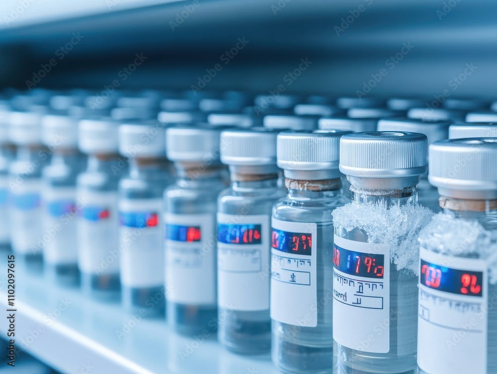Close-up of glass vials arranged neatly on a shelf, displaying labels and precise temperature readings for medical use. Close-up of glass vials arranged neatly on a shelf, displaying labels and precise temperature readings for medical use.
