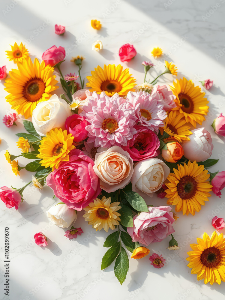 A vibrant arrangement of colorful flowers scattered across a pristine white surface, radiating warmth and serenity, simplicity, white background, bouquet, colorful A vibrant arrangement of colorful flowers scattered across a pristine white surface, radiating warmth and serenity, simplicity, white background, bouquet, colorful