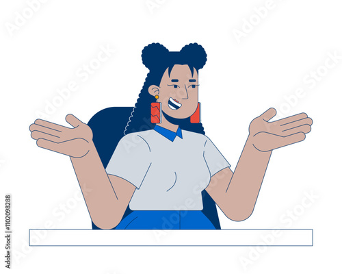Business casual latina woman shrugging smiling at desk 2D cartoon character. Unbothered careless female hispanic young adult isolated person flat vector on white background. Spot illustration colorful