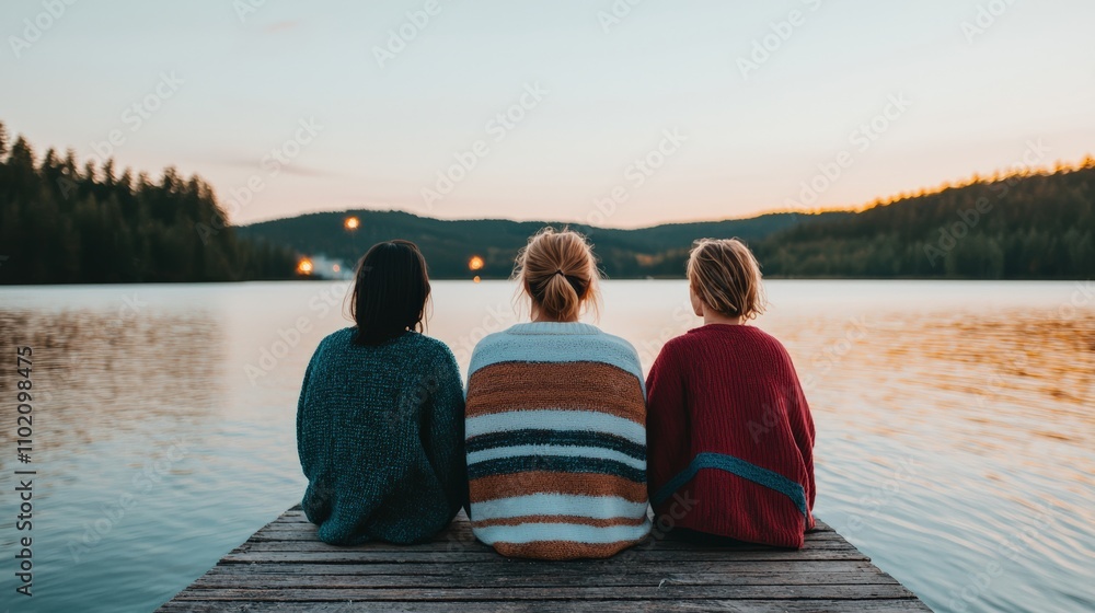 Fototapeta premium Friends watching fireworks on a lakeside dock at sunset: new year's eve celebration