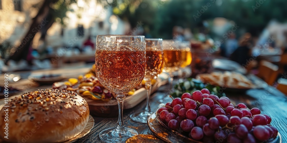 Elegant and inviting alfresco dining scene with sparkling wine glasses, fresh grapes, artisan bread, and a beautifully set summer evening meal outdoors. Elegant and inviting alfresco dining scene with sparkling wine glasses, fresh grapes, artisan bread, and a beautifully set summer evening meal outdoors.