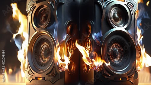 speakers surrounded by fire, burning speaker. Created with generative AI.