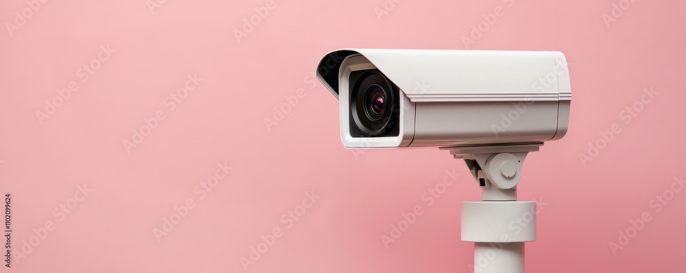 A modern security camera mounted on a wall, set against a soft pink background, emphasizing surveillance technology. A modern security camera mounted on a wall, set against a soft pink background, emphasizing surveillance technology.