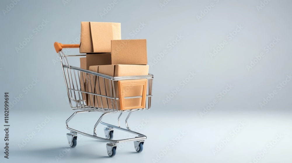 A shopping cart filled with brown cardboard boxes on a smooth, light surface, symbolizing the concept of online shopping and e-commerce transactions.