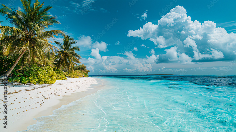 Fototapeta premium Beautiful tropical beach with white sand, palm trees, and turquoise ocean against a blue sky. Perfect landscape for a relaxing vacation.
