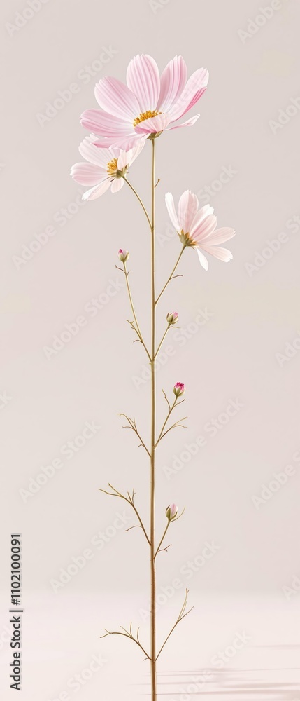 Naklejka premium A single stem with a few large cosmos flowers blooming from its top, nature photography, flower details, botanical garden, plant growth
