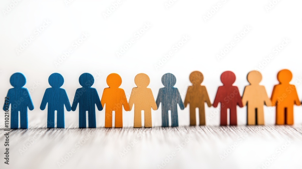 Diverse wooden figures in a row symbolize teamwork in a corporate setting Diverse wooden figures in a row symbolize teamwork in a corporate setting