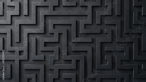 A dark, intricate maze pattern with sharp angles, creating a visually engaging and complex design on a textured surface.