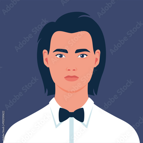 Portrait of a young man with long hair in a shirt with bow tie. Avatar for social media. Vector illustration