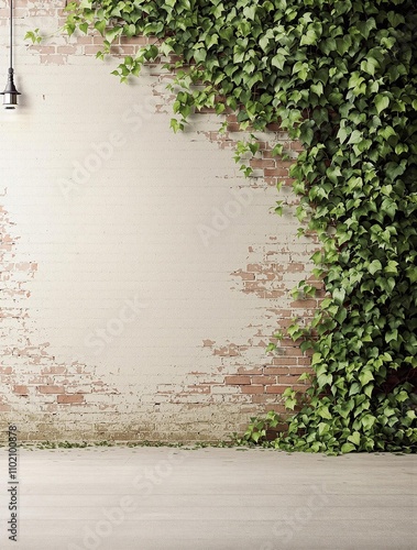 Faded brick wall with ivy crawling up the sides, fading color, overgrown fa?ade., moss and lichen