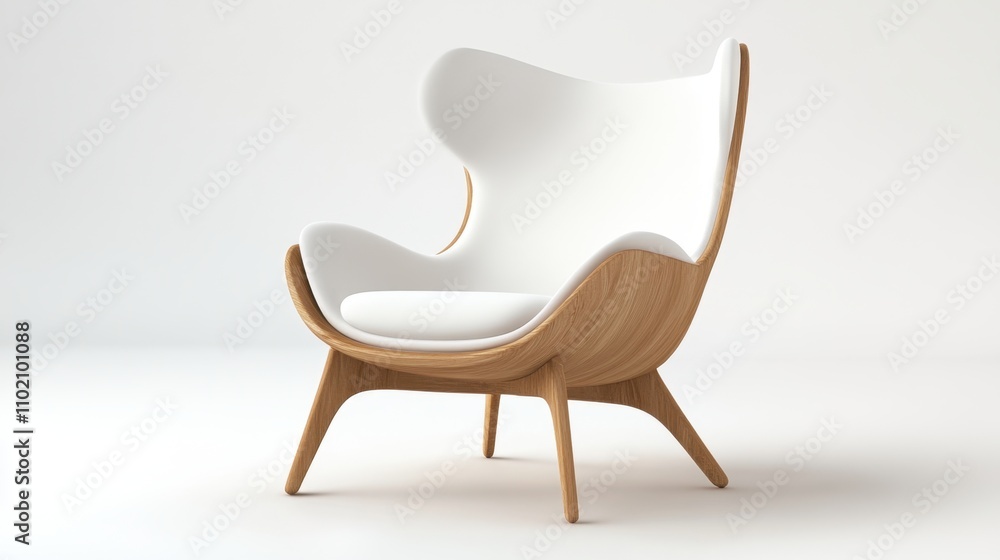 Modern, white armchair with a wooden frame and legs, placed on a white background Modern, white armchair with a wooden frame and legs, placed on a white background