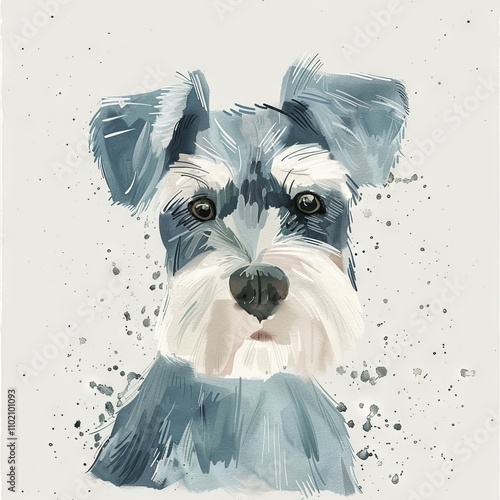 A charming illustration of a schnauzer dog with playful expression and artistic splashes of color, perfect for pet lovers.
