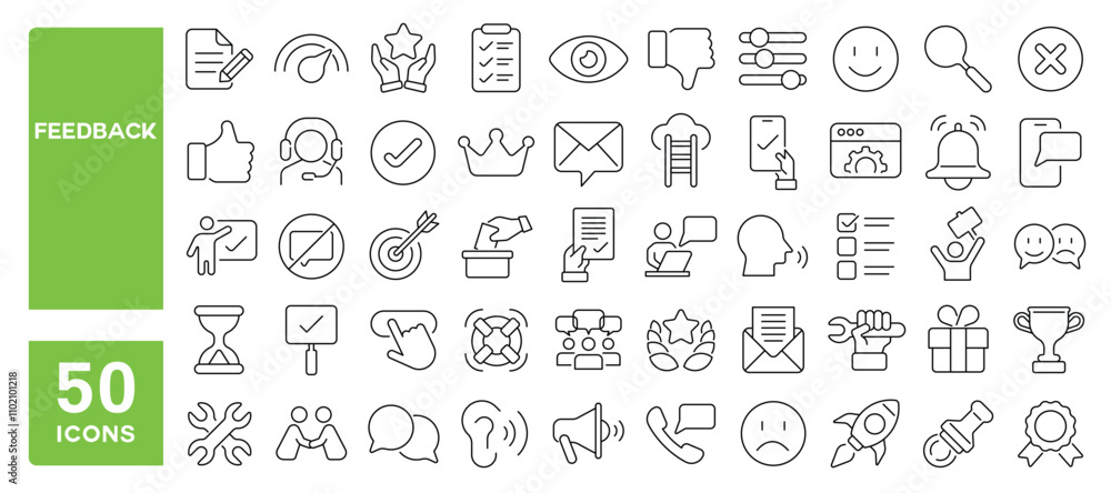 Set of 50 line icons related to feedback, survey, opinion, customer, support, quality, satisfaction, assistance, technical, Editable stroke. Vector illustration Set of 50 line icons related to feedback, survey, opinion, customer, support, quality, satisfaction, assistance, technical, Editable stroke. Vector illustration