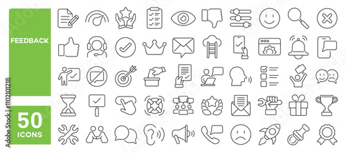 Set of 50 line icons related to feedback, survey, opinion, customer, support, quality, satisfaction, assistance, technical, Editable stroke. Vector illustration