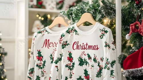 Twin Christmas Sweaters: Festive Holly and Merry Christmas Sweaters  photo