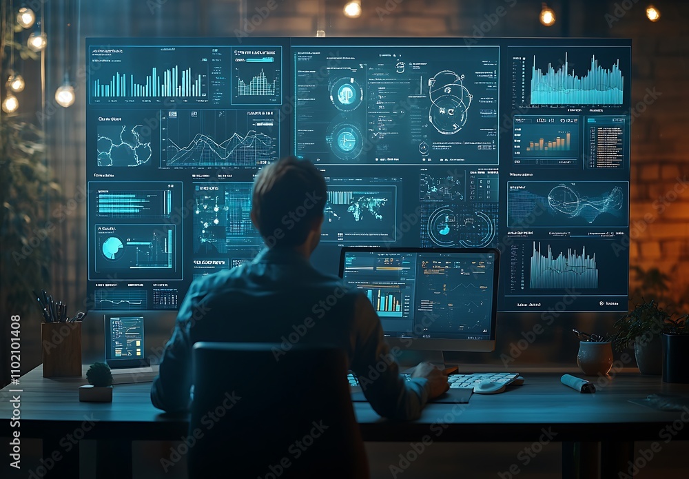 Business professional analyzes data from multiple screens in a modern workspace during the evening hours Business professional analyzes data from multiple screens in a modern workspace during the evening hours