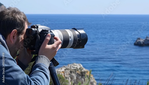 A man with a professional camera capturing a stunning seascape, standing on a coastal cliff with blue water and rocks. .