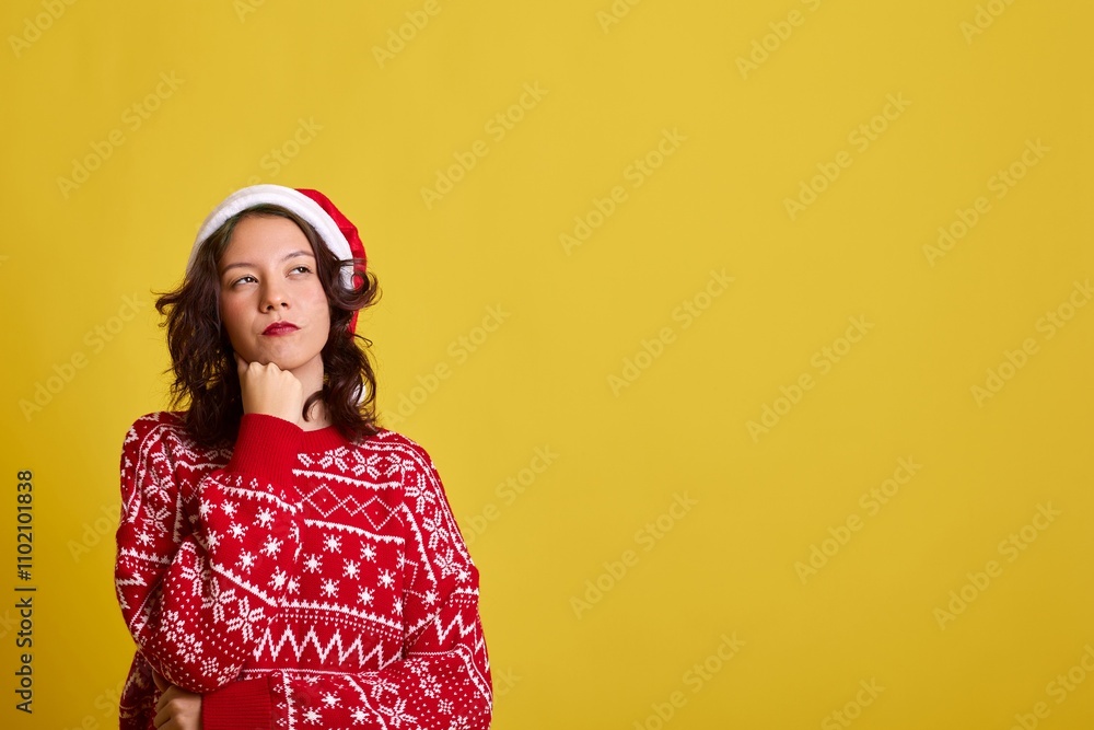 Thoughtful young woman in Santa hat and Christmas sweater looking away Thoughtful young woman in Santa hat and Christmas sweater looking away