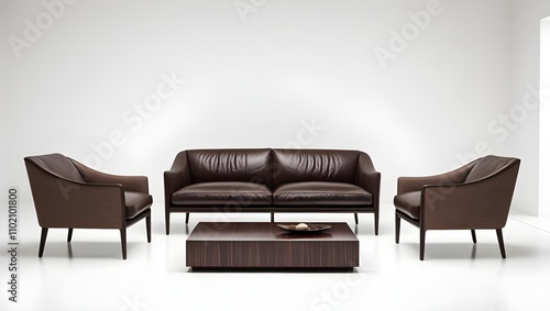 The image features a stylish and modern seating arrangement consisting of a three-seater sofa and two armchairs, all upholstered in rich, dark brown leather. The sofa has a sleek design with a slightl photo