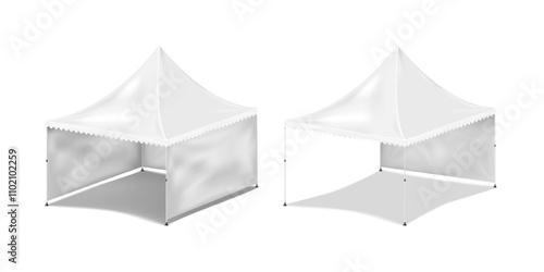 White blank pagoda canopy tent with back and side walls. Realistic 3d vector mockup. Pop-up gazebo. Mock-up. Folding event marquee. Template for design