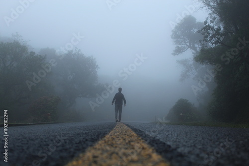 silhueta de homem caminhando em estrada com neblina - na estrada da graciosa, paraná 