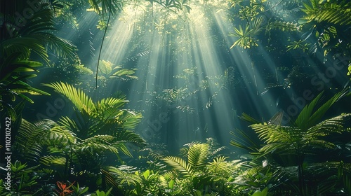 Depict a dense tropical rainforest with vibrant green trees, rays of light streaming through the canopy, and the rich diversity of plants.