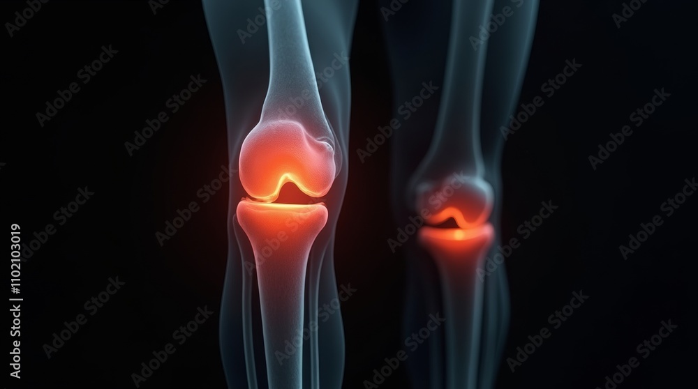 High-resolution X-ray revealing knee joint pain due to bone pathology and arthritis features against a striking black background High-resolution X-ray revealing knee joint pain due to bone pathology and arthritis features against a striking black background