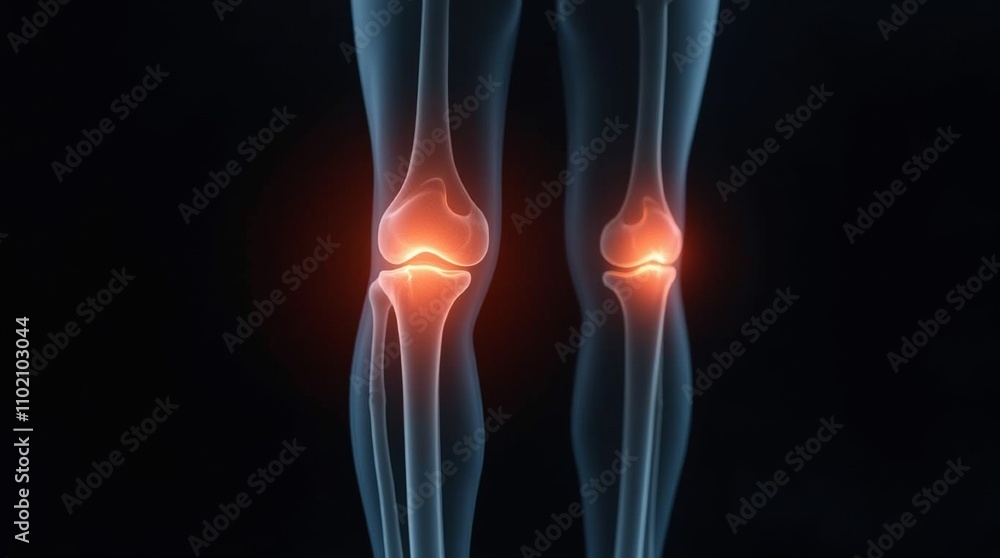 High-resolution X-ray revealing knee joint pain due to bone pathology and arthritis features against a striking black background High-resolution X-ray revealing knee joint pain due to bone pathology and arthritis features against a striking black background