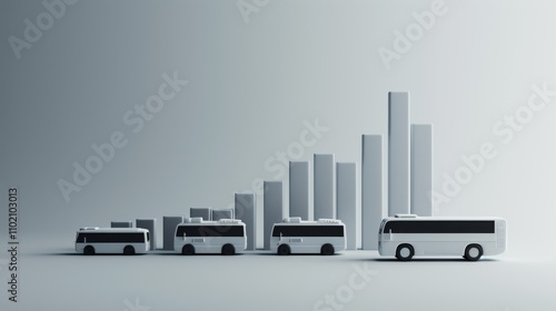 White buses of varying sizes are lined up in front of a minimalist bar chart that rises in height, symbolizing transportation growth, development, or data-driven concepts. photo