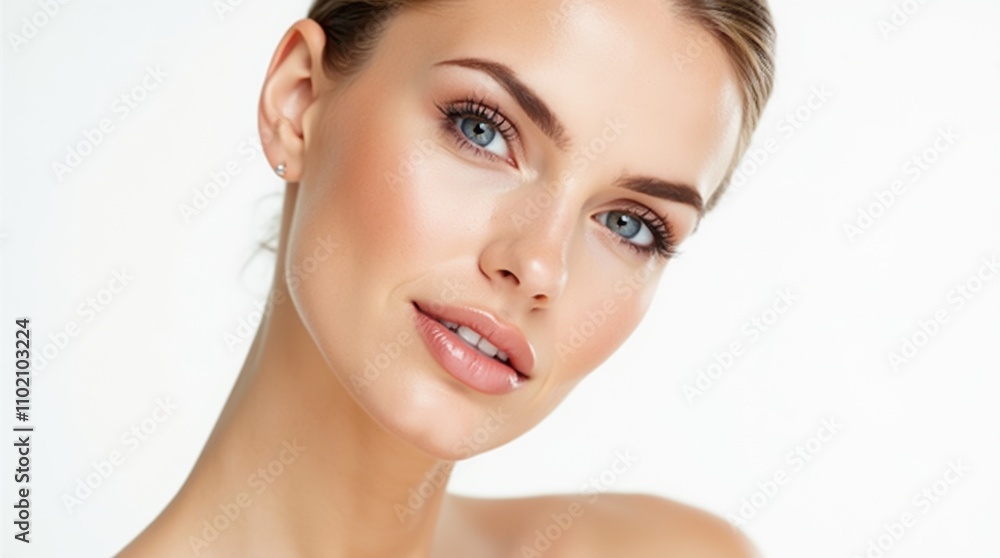 Fototapeta premium Beauty Woman Face with Perfect Smooth Skin. Beautiful Girl with Full Lips Natural Makeup over White. Women Facial Plastic Surgery and Dermal Fillers. Copy spac
