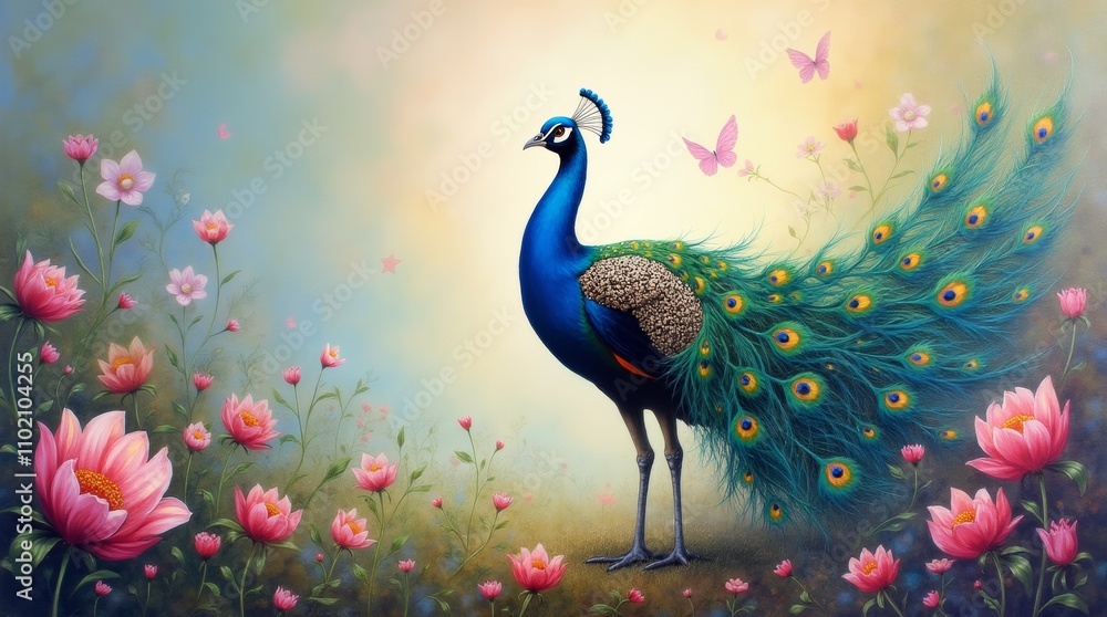 Oil painting of a beautiful peacock with colourful feathers standing in a dreamlike garden with flowers Oil painting of a beautiful peacock with colourful feathers standing in a dreamlike garden with flowers