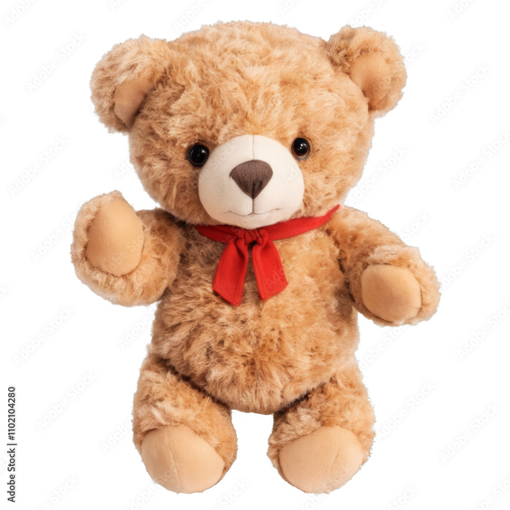 Obraz premium A teddy bear with a red ribbon around its neck. Isolated on transparent background.