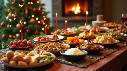 Christmas dinner table full of dishes with food and snacks, New Year's decor with a Christmas tree in the background. Buffet or catering concept.