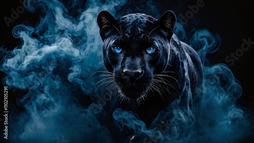 black panther with glowing blue eyes on a black background in smoke 
