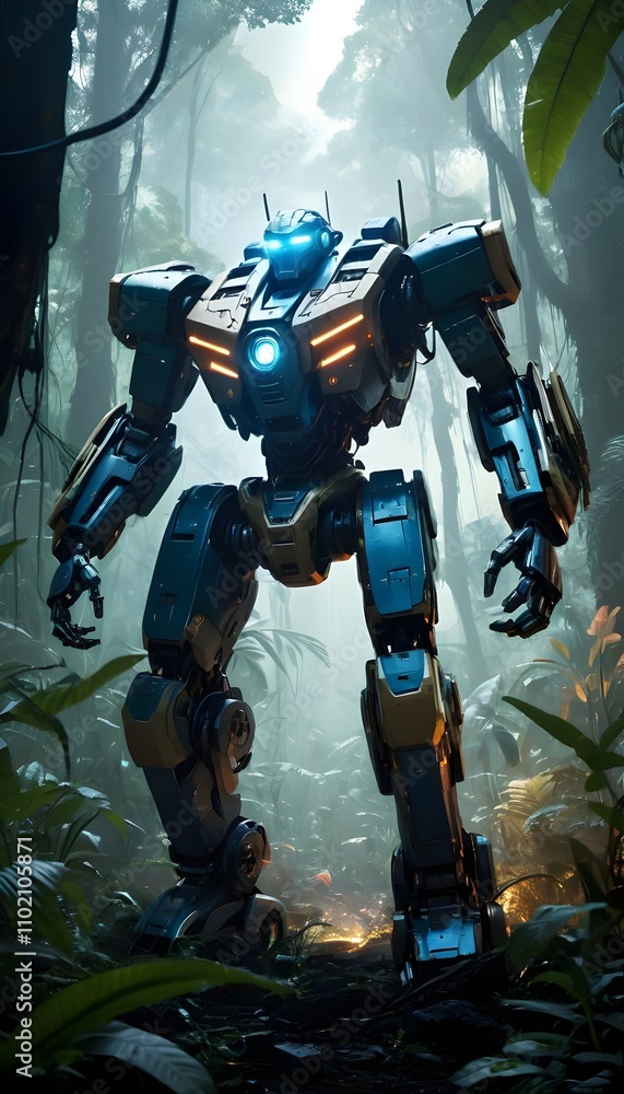 Mecha Robot in Jungle: Futuristic Robot Exploring a Lush Tropical Forest. Mecha Robot in Jungle: Futuristic Robot Exploring a Lush Tropical Forest.