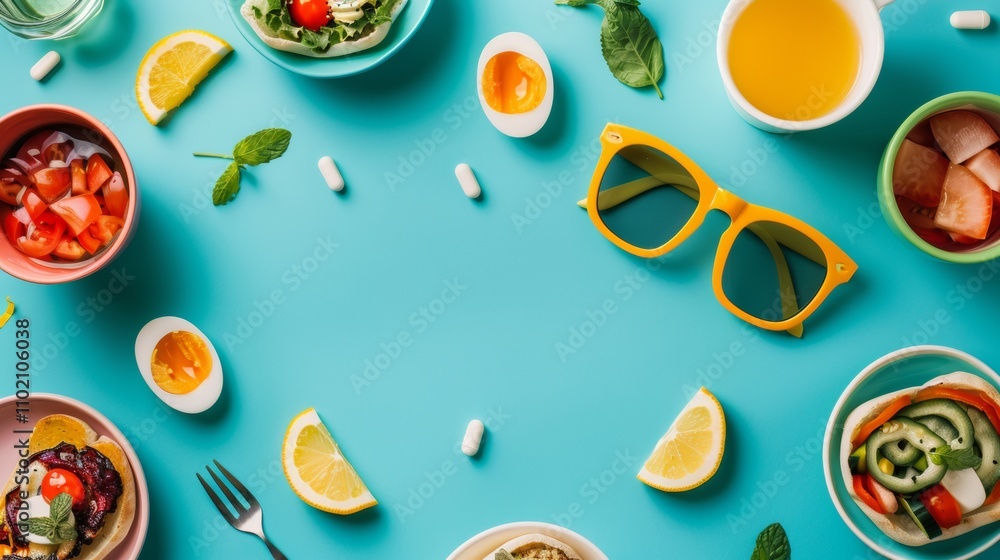 Naklejka premium Vibrant breakfast scene with healthy food and fresh ingredients