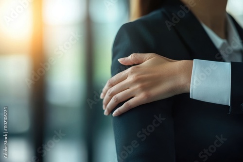 Close-Up of a Businesswoman's Hand Comforting a Colleague in a Professional Setting, Illustrating Support and Teamwork in the Workplace photo