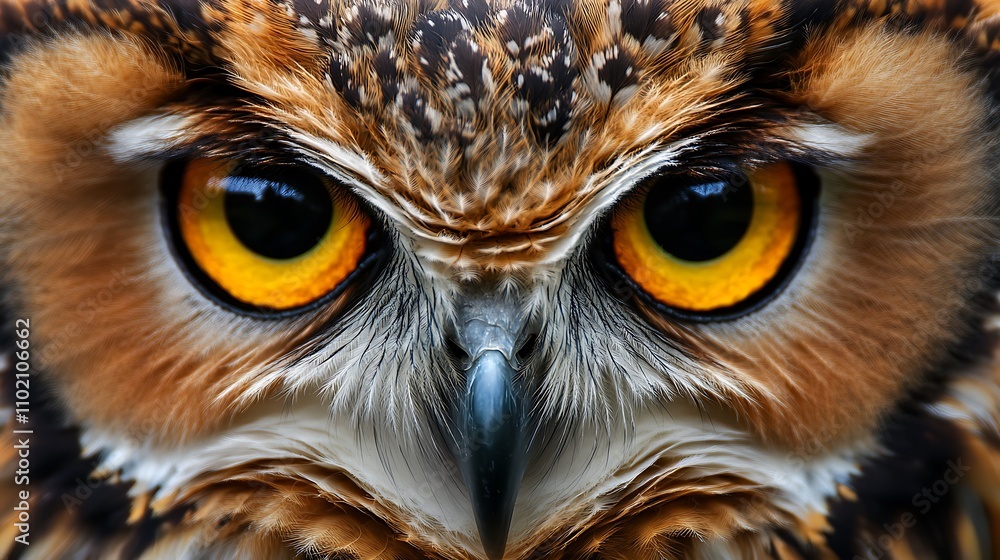 Close-up of an owl with striking yellow eyes and intricate feather patterns. Close-up of an owl with striking yellow eyes and intricate feather patterns.
