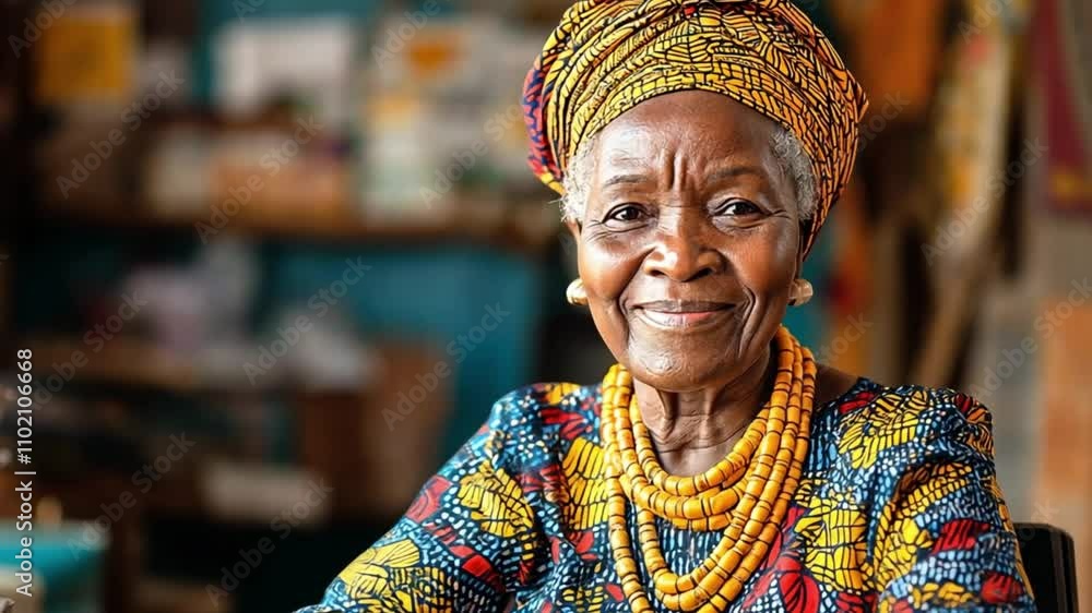 A smiling, older woman, wearing a traditional headwrap and jewelry, looks at the camera. A smiling, older woman, wearing a traditional headwrap and jewelry, looks at the camera.