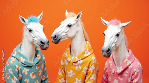 5)	RedA vibrant scene featuring three white horses dressed in funky, mismatched colorful outfits, set against a bright background. The playful attire and cheerful expressions create a fun atmosphere photo