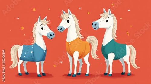 5)	RedA vibrant scene featuring three white horses dressed in funky, mismatched colorful outfits, set against a bright background. The playful attire and cheerful expressions create a fun atmosphere photo