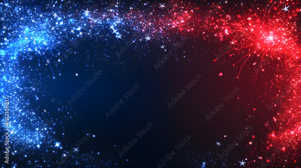 Fireworks Border for Fourth of July with Red and Blue Stars and Sparks Independence Day Celebration in the United States. Fireworks Border for Fourth of July with Red and Blue Stars and Sparks Independence Day Celebration in the United States.