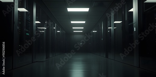 A dimly lit corridor in a data center, lined with server racks.