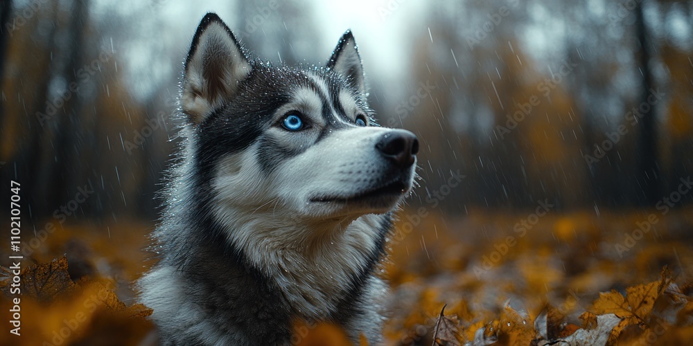 Majestic husky dog with piercing blue eyes gazes pensively amidst falling rain and autumn leaves in a forest. Majestic husky dog with piercing blue eyes gazes pensively amidst falling rain and autumn leaves in a forest.