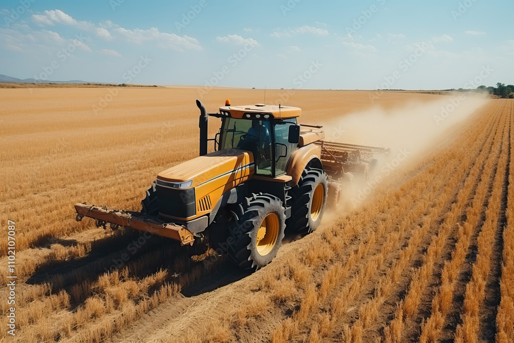 Cultivation of the field by tractors after harvesting.