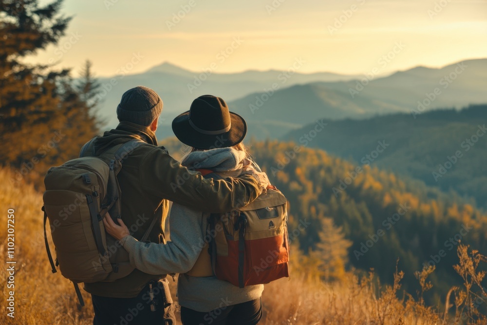 Couple Embracing at Scenic Overlook During Golden Hour with Lush Mountains and Vibrant Sky in the Background Ideal for Adventure and Travel Themes Couple Embracing at Scenic Overlook During Golden Hour with Lush Mountains and Vibrant Sky in the Background Ideal for Adventure and Travel Themes