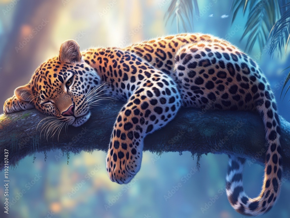 Naklejka premium Serene Leopard Resting on a Branch in a Lush Tropical Forest: A Digital Painting of Wildlife Beauty