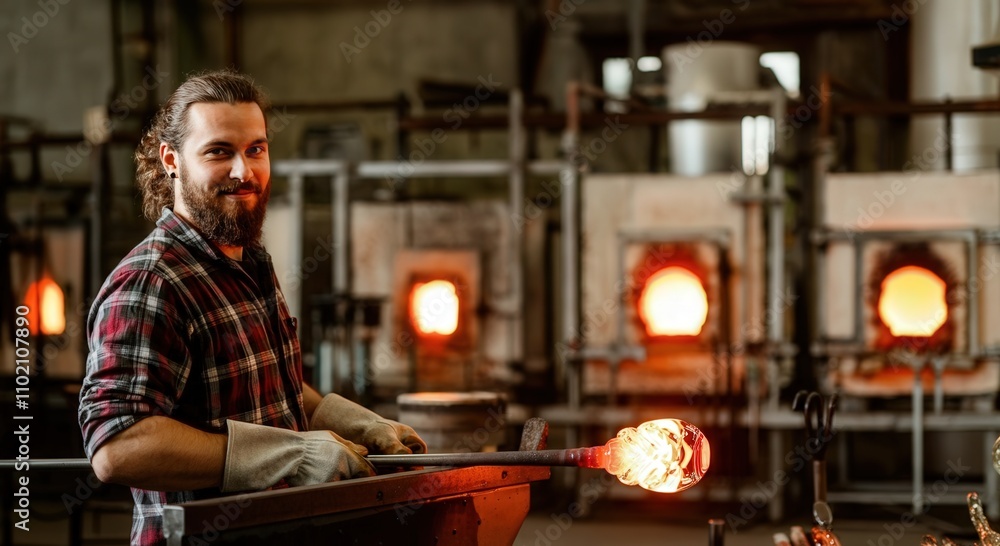 Skilled artisan creating glass art in industrial studio environment Skilled artisan creating glass art in industrial studio environment