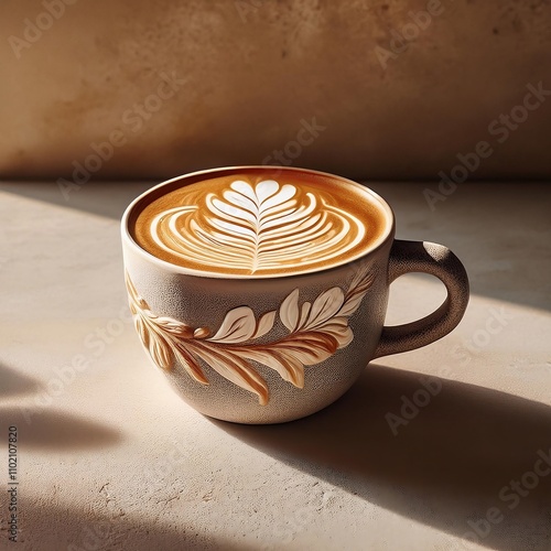 Latte in smooth stone mug with shadow; latte art; neutral beige concrete counter