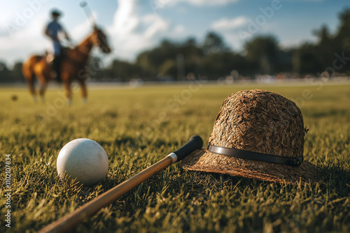 Low angle ground level photography of polo sticks, ball and hat, blurred polo match happening in the background. photo